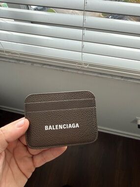 Balenciaga Brown Pebbled Leather Card Case with White Logo